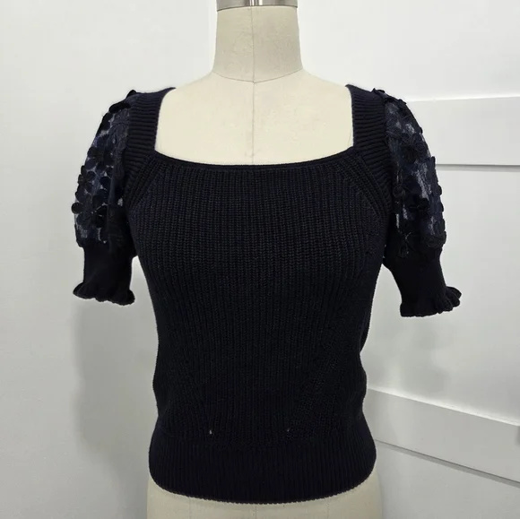 Industry Women's Navy Knit Top with Floral Sleeves Size S - Picture 2 of 10